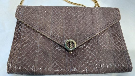 Vintage Morris Moskowitz Genuine Reptile Taupe Clutch Evening Bag.  Envelope Style Clutch With Gold Chain Strap