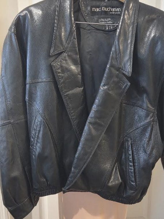 Vintage Marc Buchanan Pelle Pelle Black Leather Bomber Jacket.  Oversized Two Button Breasted Hip Hop Style Bomber Leather Jacket. Size 40