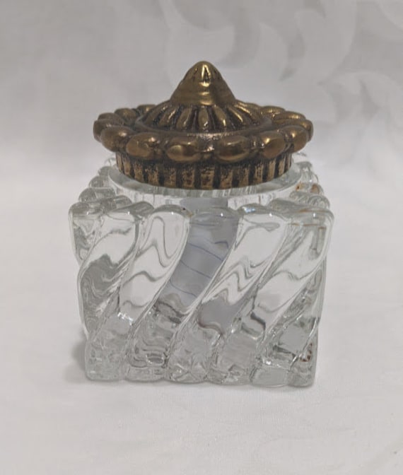 Vintage Heavy Glass and Brass Inkwell.  Vintage Virginia Metal Craft Inkwell.  Collectible Inkwell