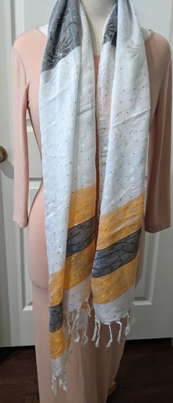 Vintage Rectangular Grey-White-Melon Sparkly Scar… - image 3