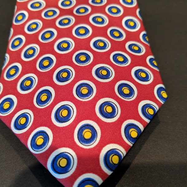Vintage Authentic Ralph Lauren Tie.  Ralph Lauren Red Ties With Navy Circles. Ralph Lauren 100% Silk Neck Tie. Red Silk Neck Tie.