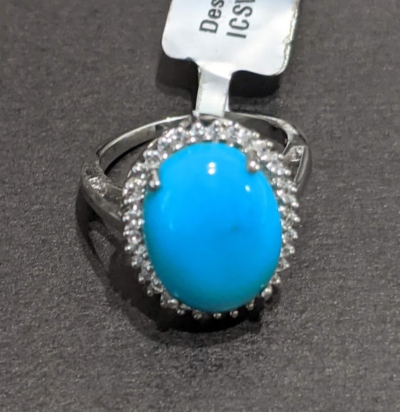 Silver Turquoise Cocktail Ring.  Turquoise and Crystal Halo Women's Ring.  925 Silver Turquoise Ring with Crystal Halo Size 8
