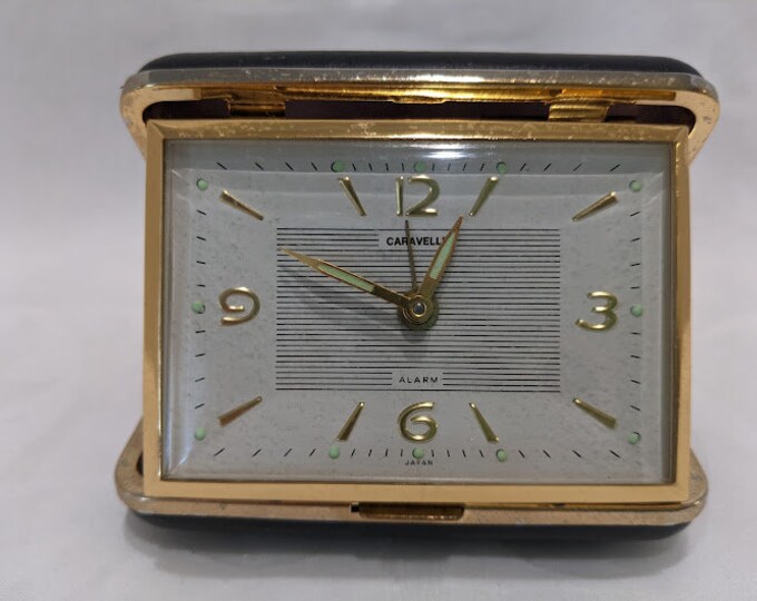 Vintage Caravelle Travel Alarm Clock. Alarm Clock in Hard Black Travel Case. Caravelle Wind up
