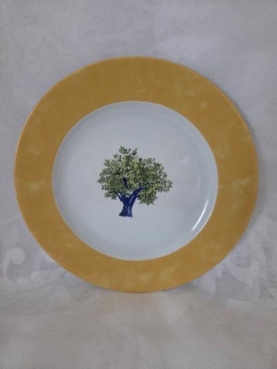 Vintage Guy Degrenne Porcelain Ouliveiro Lunch Plate. Olive Tree Yellow Border. 8 Inches Lunch Plate.