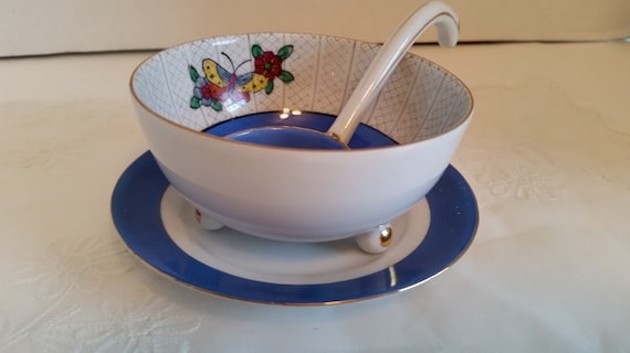 Noritake M Hand Painted Condiment Bowl, Ladle and Plate. Porcelain 1930's Footed Condiment Bowl, Ladle and plate, made In Japan.(SALE SALE)