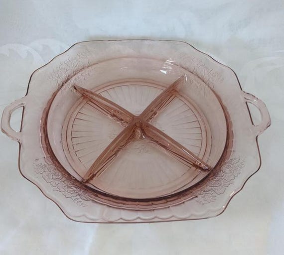 Vintage Anchor Hocking Mayfair Open Rose Pink Depression Four Compartment Nut/Candy Dish. Etched Flowers, Double Handle, Candy Dish