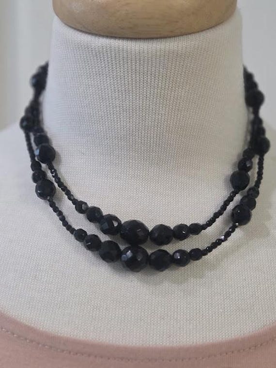 Vintage Black Faceted Glass Bead Necklace.  Double Strand Black Jets Choker.