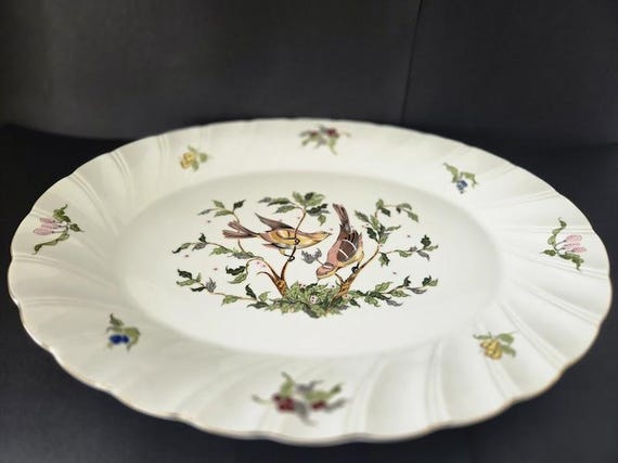 Woodland Serving Platter. Birds on Branches Motif. 14 Inches Oval Gilded Scalloped Edge.