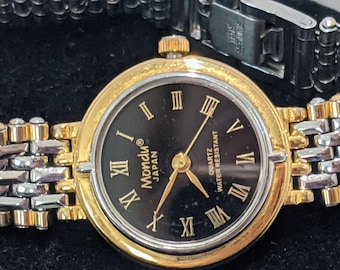 Mondu Japan Quatz Two/Tone Women's Watch. Black round Dial Watch. Flat / Thin Two/Tone Bracelet Ladies Watch