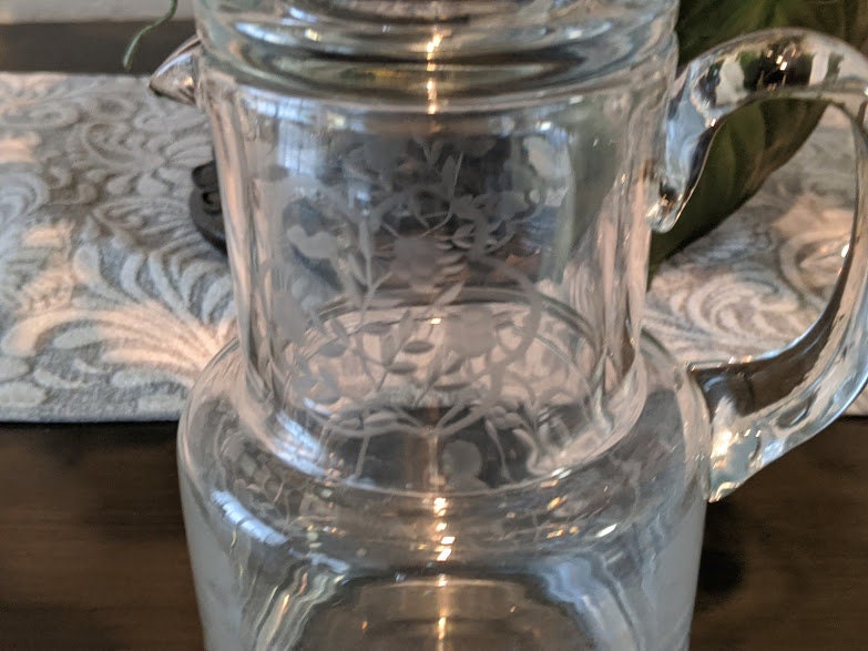 Vintage Bedside Carafe And Cup. Etched Glass Clear Carafe Set. Flower
