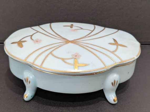 Vintage Original Arnart Creation Blue/Gold Porcelain Footed Box With Small Matching dishes.  Footed Porcelain Oval Lidded Collectible Box