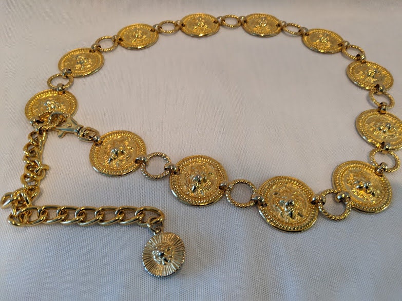 Vintage Gold Tone Lion Heart Medallion Belt. Lion Medallion Chain Belt ...