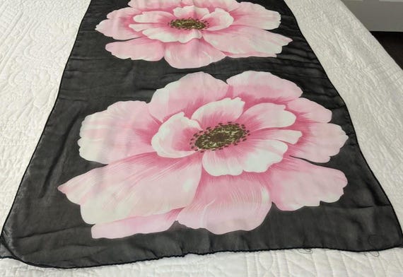 Vintage Long Rectangular Silk/Polyester Black and… - image 2