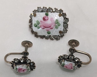 Pink Rose Guilloche Enamel Brooch & Earrings Vintage Set.  Antique Gold Tone White Enamel Hand Painted Rose Pin Set.