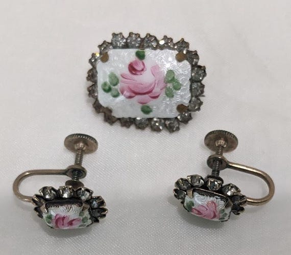Vintage Pink Rose Guilloche Enamel Brooch & Earrings Set.  Antique Gold Tone White Enamel Hand Painted Rose Pin Set.