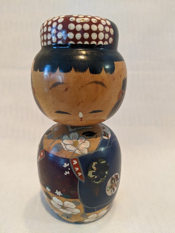 Antique Japanese Bobble Head Figurine.  Wood Kokechi Doll.  Hand Painted Japanese Koche doll.