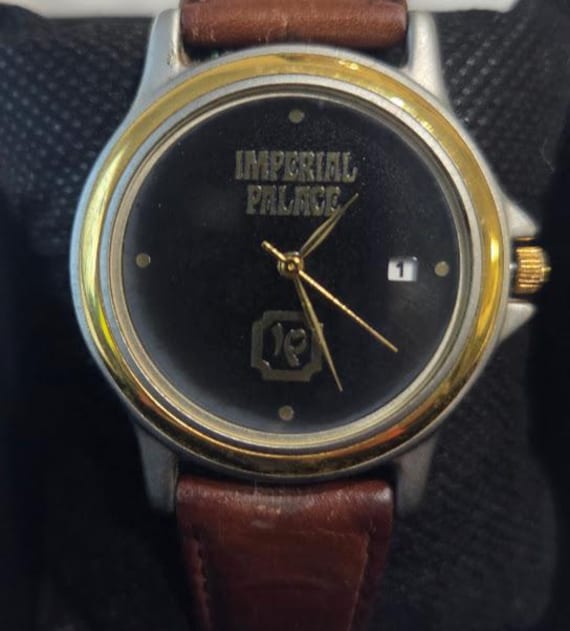 Vintage Imperial Palace Souvenir Round Gold Tone Bezel Watch with Brown Leather Band. Nostalgia of Old Vegas