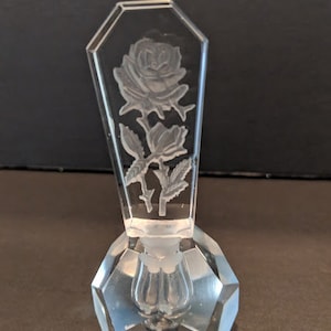 Vintage I Rioe Faceted Crystal Perfume Bottle. Intaglio Rose Top Crystal Perfume Bottle. I Rice Hand Cut Perfume Bottle With Etched Rose Top