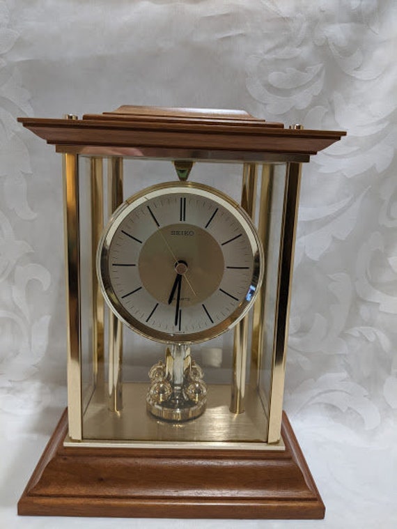 Vintage Seiko Quartz Mantel Clock. Hard Wood Brass and Glass Etsy