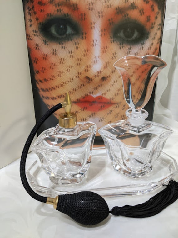 Vintage Four Piece Perfume Bottles. Perfume Bottle With Black Atomizer, Perfume Bottle with Tulip Shaped Stopper, Glass Vanity Tray. Crystal