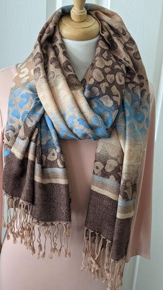 Vintage Pashmina/Silk Long Brown/Gold/Blue Scarf.  Long Pashmina Cheetah Stripe Print and Tassels Shawl.