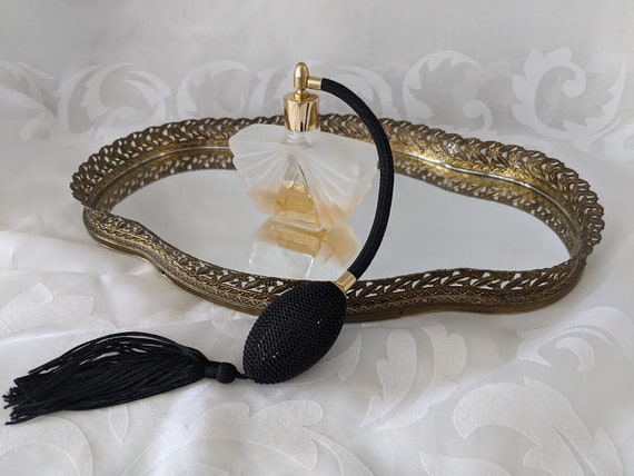 Vintage Brass Filigree Mirrored Perfume Tray.  Oval Mirrored Filigree Gold Lace Vanity Tray. Hollywood Regency Vanity Tray