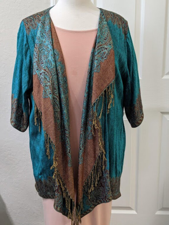 Casual Creations by Leia Schulze Kimono. Handmade Work Of Art Teal/ Copper Shawl Jacket. Feels like Pashmina