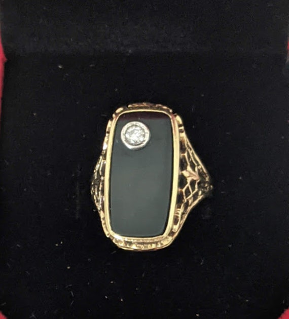 Vintage Women's Black Onyx Slab Ring with Round Riveted Accent Diamond. Yellow Gold Rectangular Ladies Ring Onyx with Diamond Accent.SALE