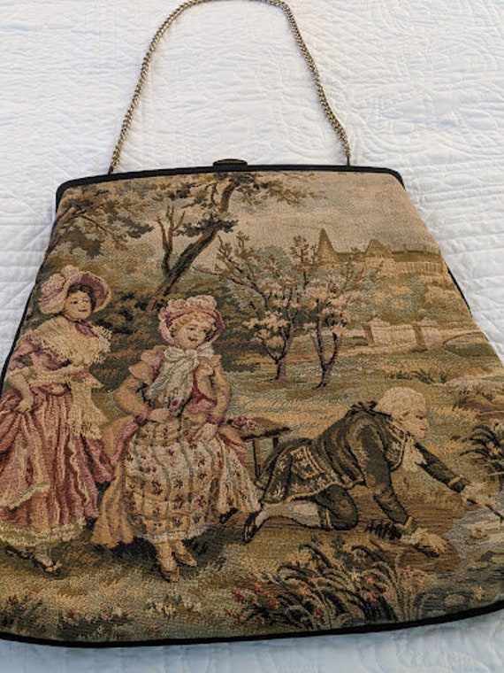 Vintage Large Tapestry Purse.  Antique French Tapestry Bag.