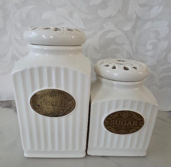 THL French Farmhouse Ceramic Coffee and Sugar Off White Canisters.