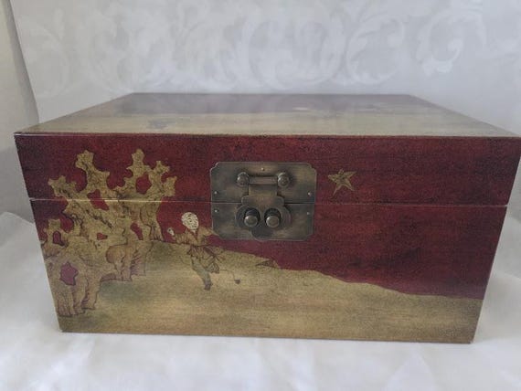 Large Chinese Wooden Treasure Box.  Large Asian Theme Lacquered Wood with Hand Painted Scene.