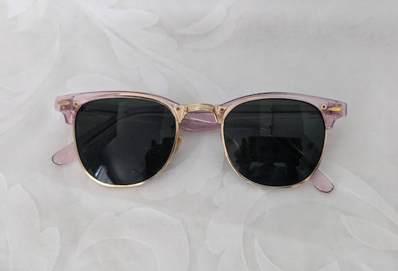 Vintage Brow line Style Translucent Soft Pink Frames/ Smoke Lenses Sunglasses. Retro Light Pink / Gold Accent Sunglasses