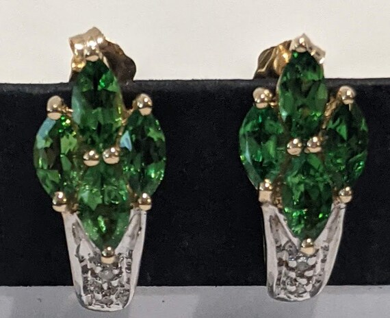 Vintage Marquise Shape Emerald Cluster and Diamond 14K Gold Post Earrings.