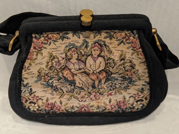 Vintage Tapestry Formal Bag. Needle Point Evening Purse. Black Silk Tapestry Lovers in Flowers Purse. Black Needle Point Flowers Handbag