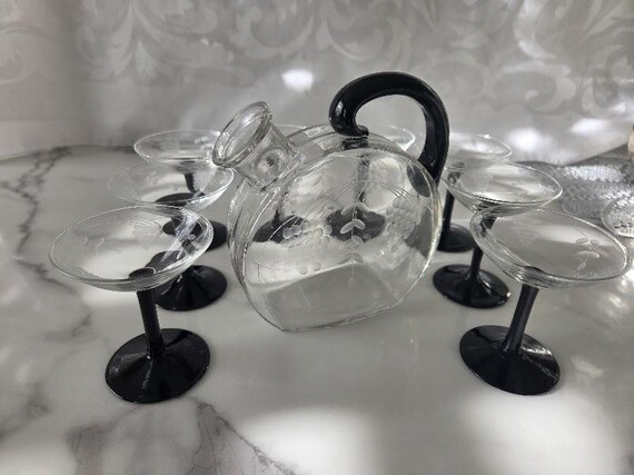 Vintage Glass Carafe with Eight Cordial Glasses.  Cluster of Grapes Engraved Carafe with Black Glass Handle. Holmegaard Glass Carafe
