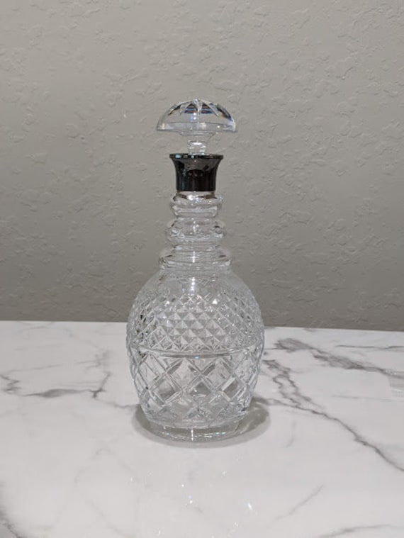 Vintage Crystal Cut and Silver Liquour Decanter.  Heavy Cut Crystal Sherry Decanter with Pewter Bottle Tag.(SALE) Cut Crystal Liquour Bottle