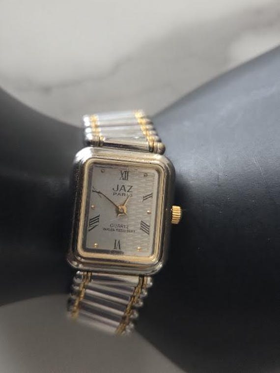 Jaz Made in France Tank Quartz Women's Vintage Watch. Rectangular Face with Two Tone Gold and Silver Link Bracelet.