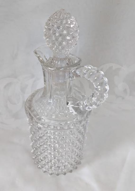 Vintage Glass Pointed Hobnail Decanter with Stopper.  Duncan & Miller Vintage Hobnail Cruet with Matching Stopper