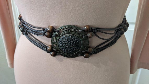 Vintage Bohemian Wood Beaded Tie Belt.  Brown Faux Leather and Wood Beads with Brass Tone Center Medallion Hippie Tie Belt