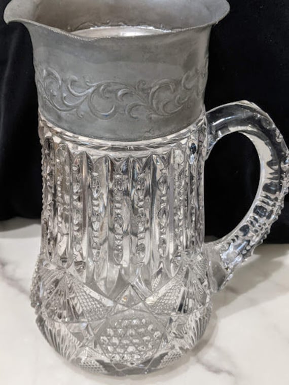 Large Antique Victorian Metal Collar Cut Crystal Water Pitcher. Very Heavy Star and Fan Cut Crystal Hand Blown Pitcher.  Early American