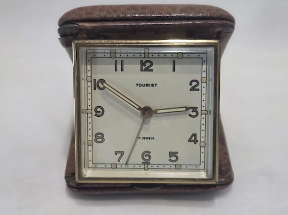 Vintage Tourist Mechanical Travel Alarm Clock. Leather Folding Case Swiss Travel Clock