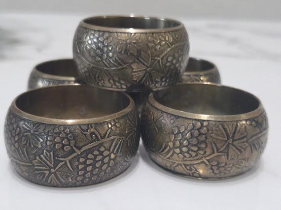 Brass Vintage Napkin Rings.  Set of Five Intricate Embossed Grapevine & Floral Pattern Brass Napkin Rings