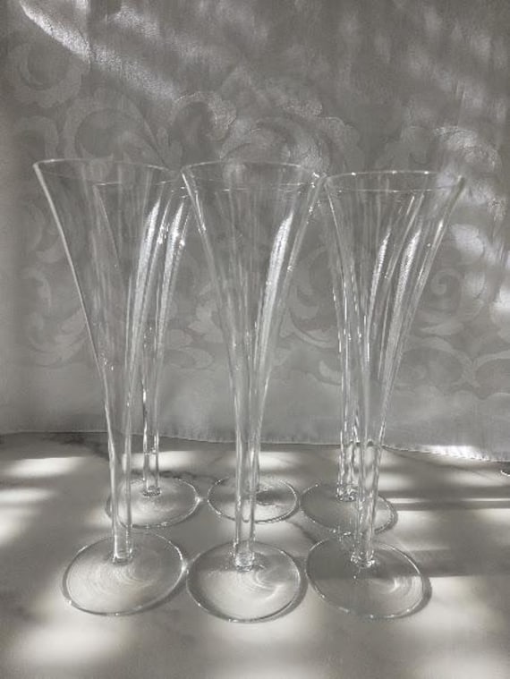 Vintage Crystal Champagne Set of Six Trumpet Flutes.  Hollow Stem Mid Century Modern Champagne Flutes.