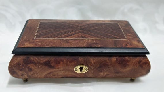 Vintage Two Tone Inlaid Rosewood Music Box. Rita Ford Music Box Made in Italy.  Ruege Switzerland Music Box (SALE)