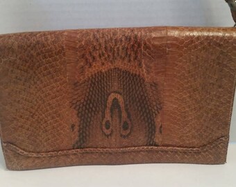 Snakeskin Vintage Clutch. Tan Snakeskin Shoulder Handbag.  Exotic Skin Tan Clutch.
