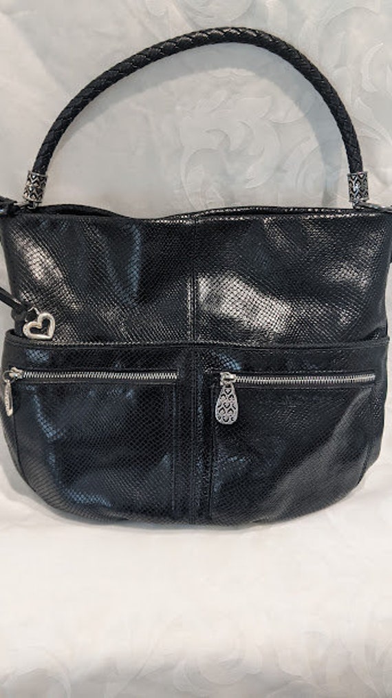 Brighton Snakeskin Texture Embosses Black Leather Hobo Bag.  Brighton Large Leather Shoulder Bag