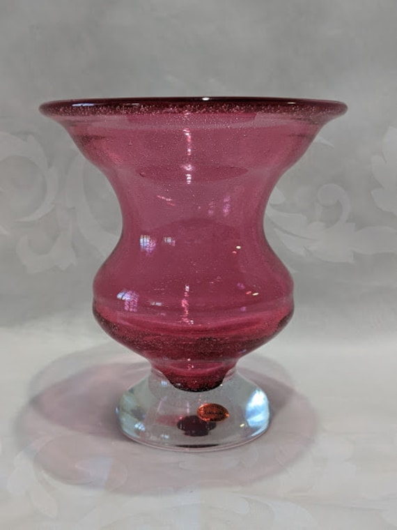 Vintage Jablanski Art Glass. Cranberry Lead Crystal Controlled Bubble Vase. Jablanski Poland Signed Cranberry Lead Crystal Vase