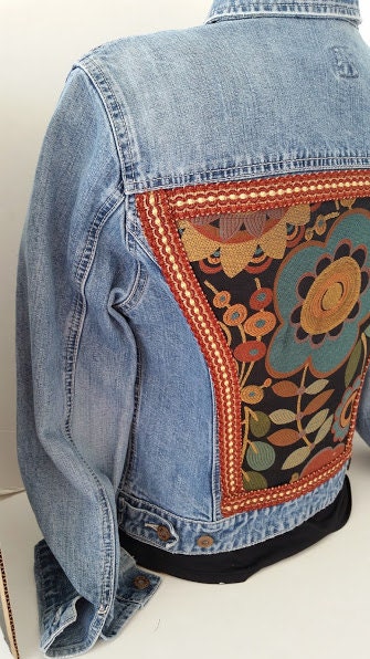 Vintage and Up-cycled Denim Jacket with Flower Power Applique. Upscale ...
