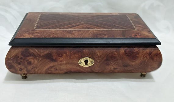 Vintage Two Tone Inlaid Rosewood Music Box. Rita Ford Music Box Made in Italy.  Ruege Switzerland Music Box