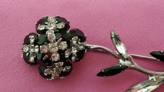 Vintage Black & Clear Crystal Flower Brooch, Silver Tone with black crystal flower brooch. 1960's Flower Brooch